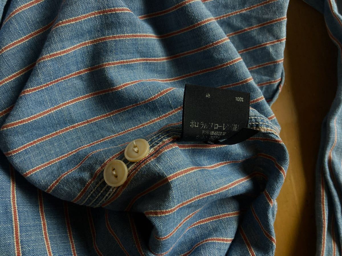RRL インディゴストライプワークシャツ S 天然インディゴとビンテージレッドのストライプ 全盛期の傑作(ラルフローレンデニムシャツの画像10