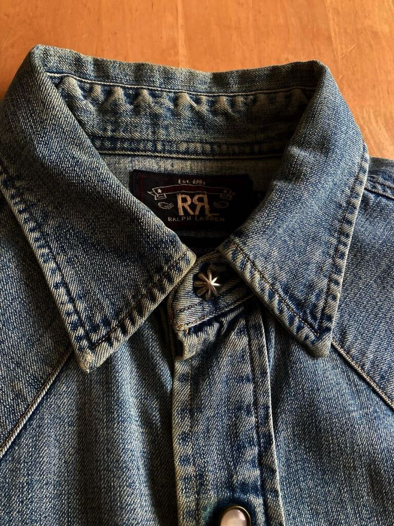 RRL バッファローデニムウエスタンシャツ S ディストレスト 天然インディゴ コンチョボタン 全盛期の逸品 ラルフローレンビンテージ_画像3