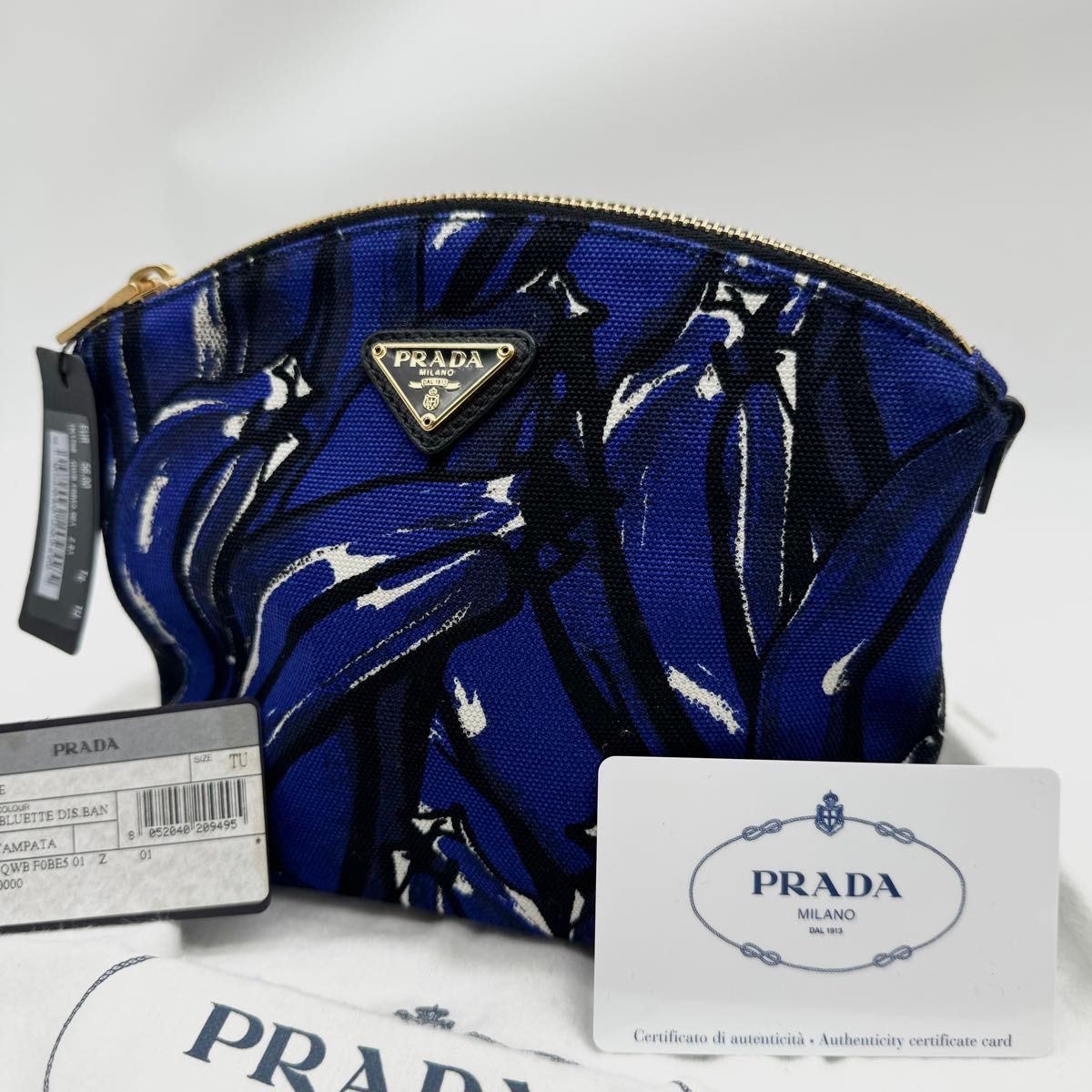 【新品未使用・タグ付き】PRADA プラダ ポーチ 三角ロゴ ラウンドジップ 総柄 青 金