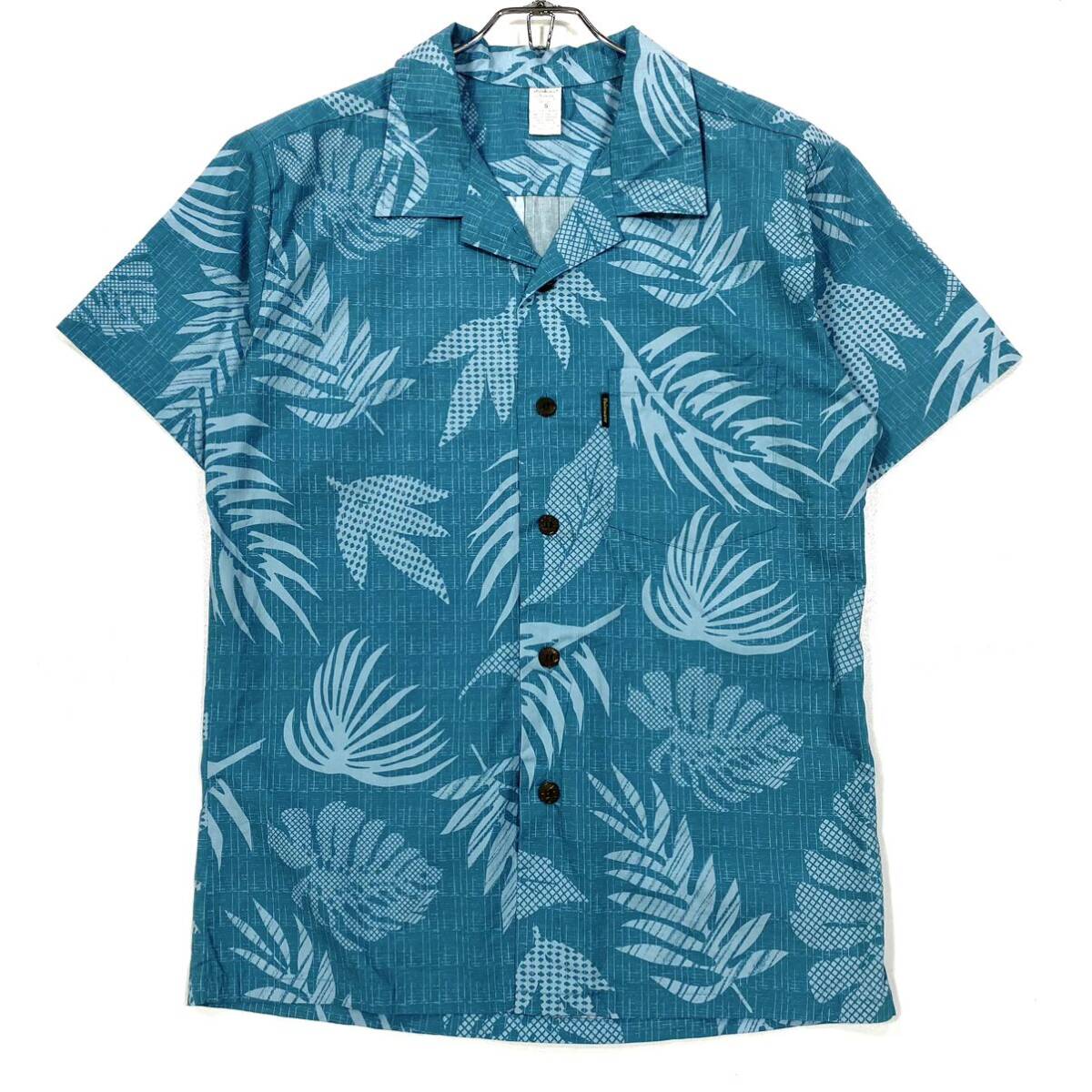 Palmwave Hawaii /アロハシャツ オープンカラー リーフ柄 ハワイアンシャツ メンズS ブルーグリーン系_画像1