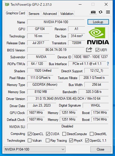 【美品】NVIDIA / Gigabyte P104-100 8GB GDDR5X / Geforce GTX1070/GTX1080相当性能 AI生成画像利用の画像7