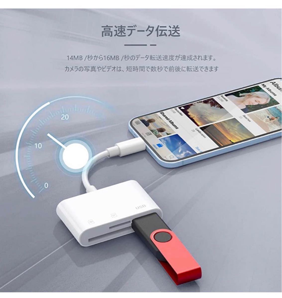 【2023MFi証品最新型】iPhone SDカードリーダー3in1 USB OTGカメラアダプタ双方向データ送信_画像2