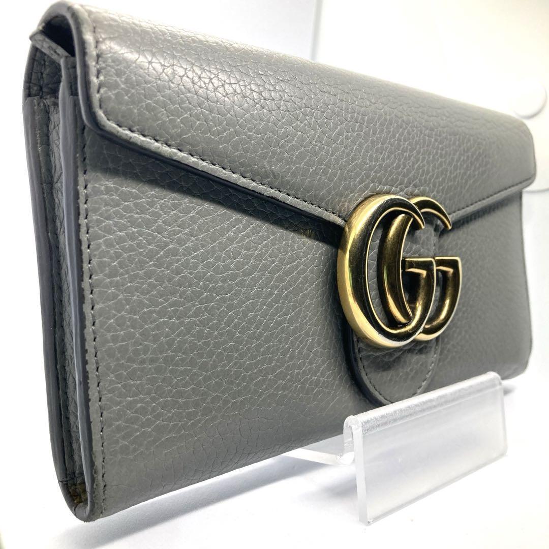 美品/人気デザイン●GUCCI グッチ メンズ レディース 長財布 折り財布 デカマーモント ビッグ GG レザー 本革 グレー 灰色_画像1