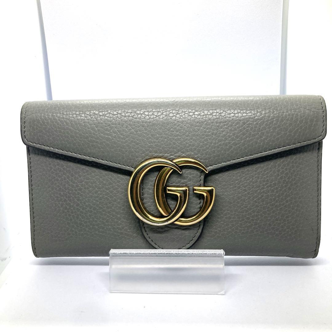 美品/人気デザイン●GUCCI グッチ メンズ レディース 長財布 折り財布 デカマーモント ビッグ GG レザー 本革 グレー 灰色_画像2