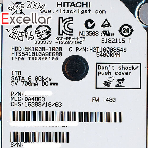 【中古】HITACHI ノート用HDD 2.5inch HTS541010A9E680 1TB 2000～3000時間以内 [管理:1050023478]_画像1