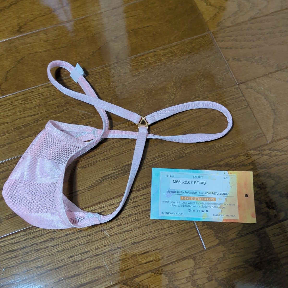 【最終値下げ価格】SKINZ swimwear Tバック水着　ピンクサテンストライプメッシュ　XS　gストリングス