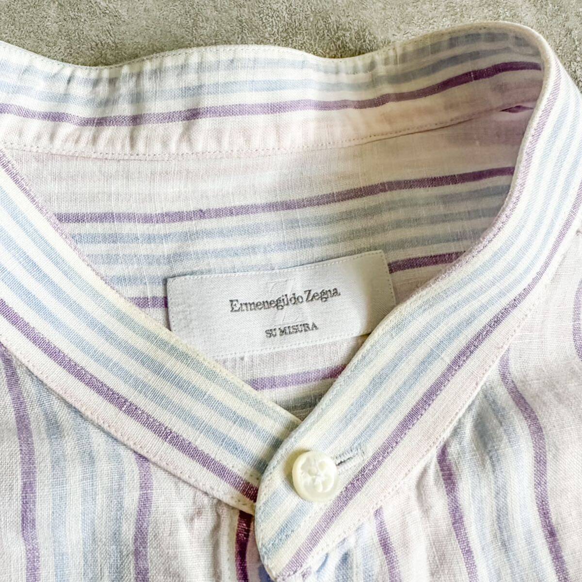 90s Ermenegildo Zegna エルメネジルド ゼニア スペイン製 ストライプ リネンコットン バンドカラーシャツ / 古着 ビンテージ ヴィンテージ_画像8