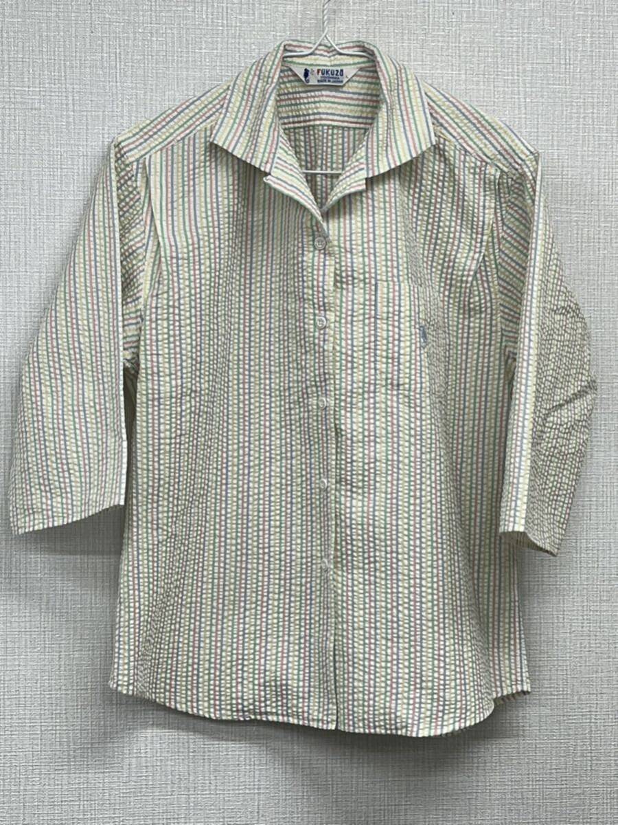  Yokohama origin block fkzo-FUKUZO lady's shirt . collar shirt stripe L 7 minute sleeve is ma tiger blouse tops 