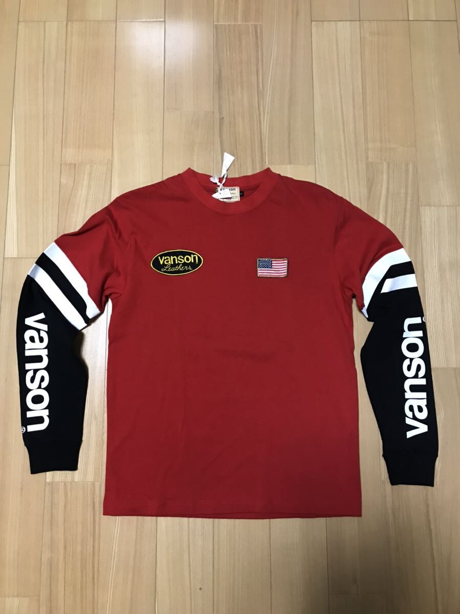 未着用 VANSON ロングスリーブ Tシャツ USA製 M 袖プリント 星 バックプリント バンソン バイカー 長袖 カットソー ロンT ワンスターの画像1