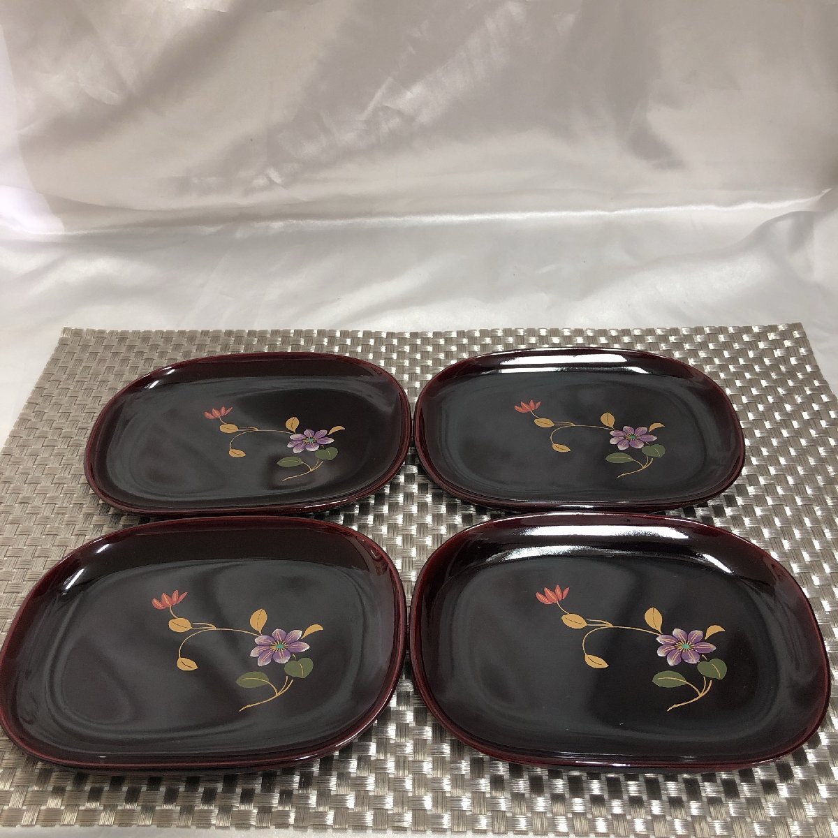 【中古/現状品/KU】漆器 小判型 取皿 小皿 菓子皿 約16cm×12cm 木製 和食器 4客セット　MZ0516　_画像2