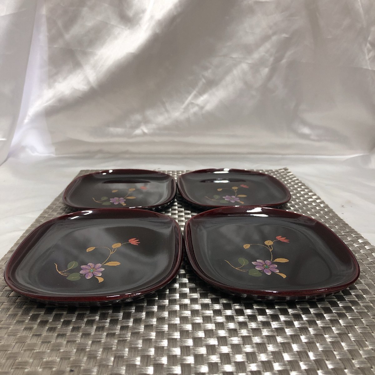 【中古/現状品/KU】漆器 小判型 取皿 小皿 菓子皿 約16cm×12cm 木製 和食器 4客セット　MZ0516　_画像6