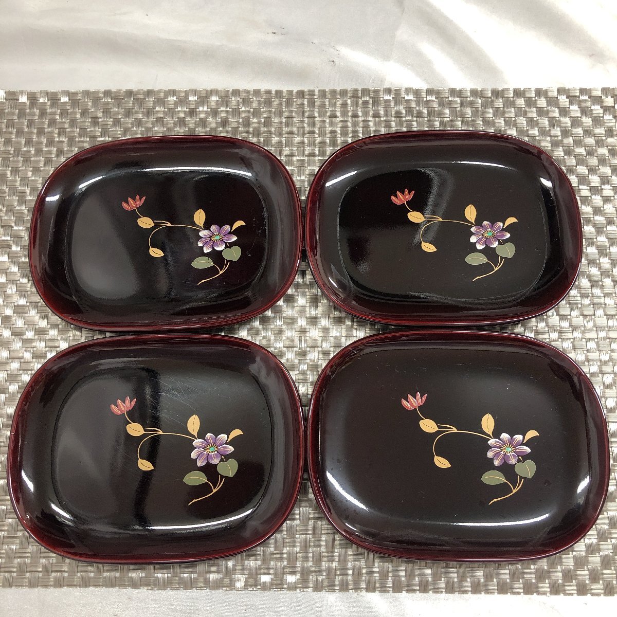 【中古/現状品/KU】漆器 小判型 取皿 小皿 菓子皿 約16cm×12cm 木製 和食器 4客セット　MZ0516　_画像1