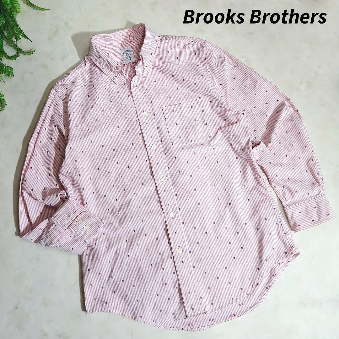 Brooks Brothers フラッグ刺繍・オックスフォード長袖シャツ M ストライプ ピンク&白　ボタンダウン2907_画像1