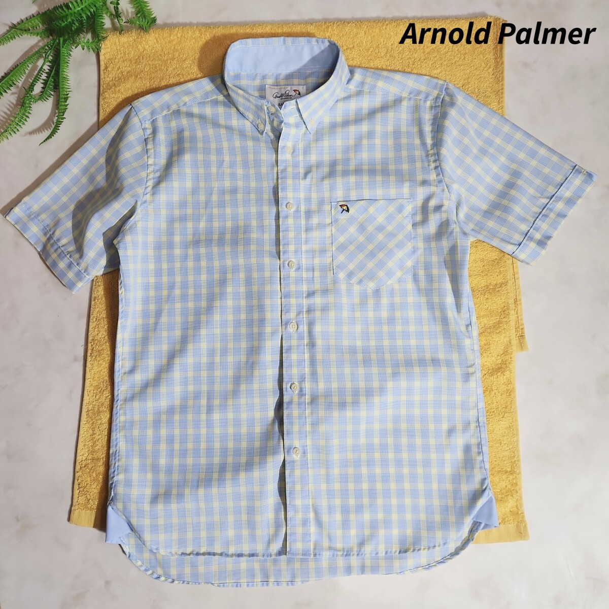 Arnold Palmer チェック柄・半袖BDシャツ 表記サイズ3 L ライトイエロー白ライトブルー・レナウン・アーノルドパーマー 83371