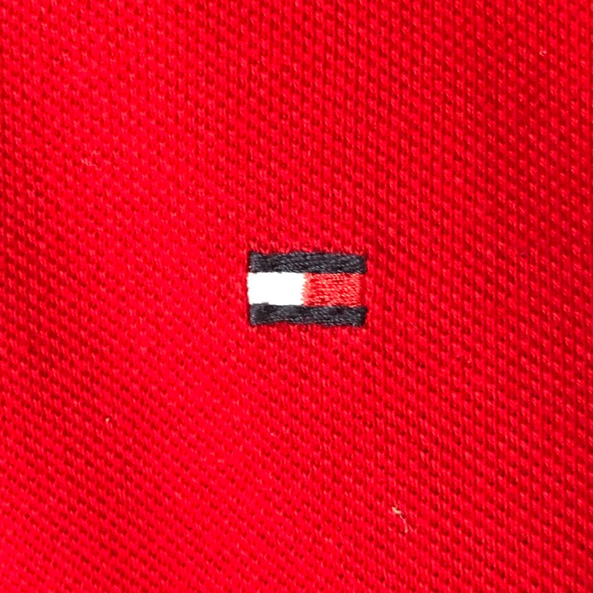 トミーヒルフィガー ポロシャツ ボーダー ワッペン刺繍 切替 袖ライン レッド XLサイズ