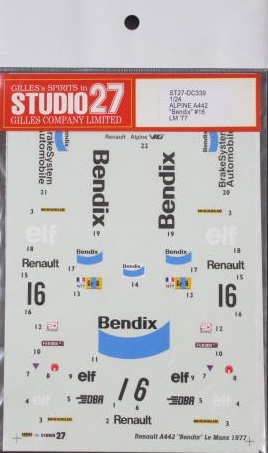 未使用品 ★ STUDIO 27　1/24　ALPINE Renault A442　” Bendix ” #16　Le Mans 1977 ★ ベンディックス　A442 TAMIYA 対応　ST27-DC339_画像1