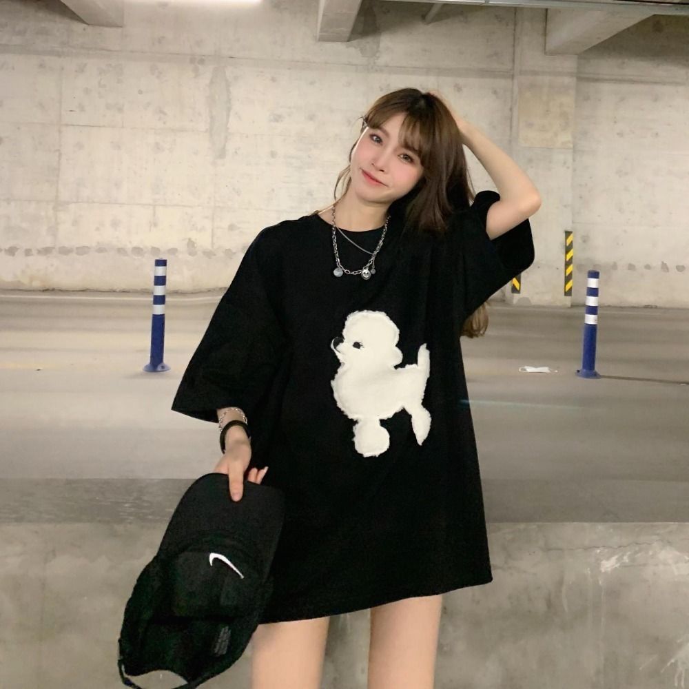 【人気】 Tシャツ プードル シンプル 大きめ 韓国 キュート 黒 XL