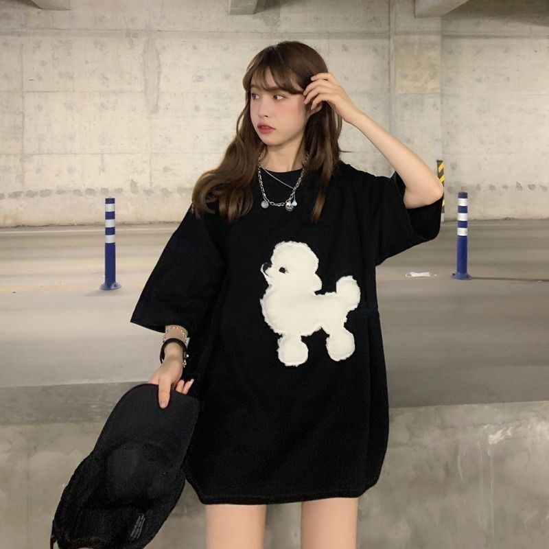 【人気】 Tシャツ プードル シンプル 大きめ 韓国 キュート 黒 XL