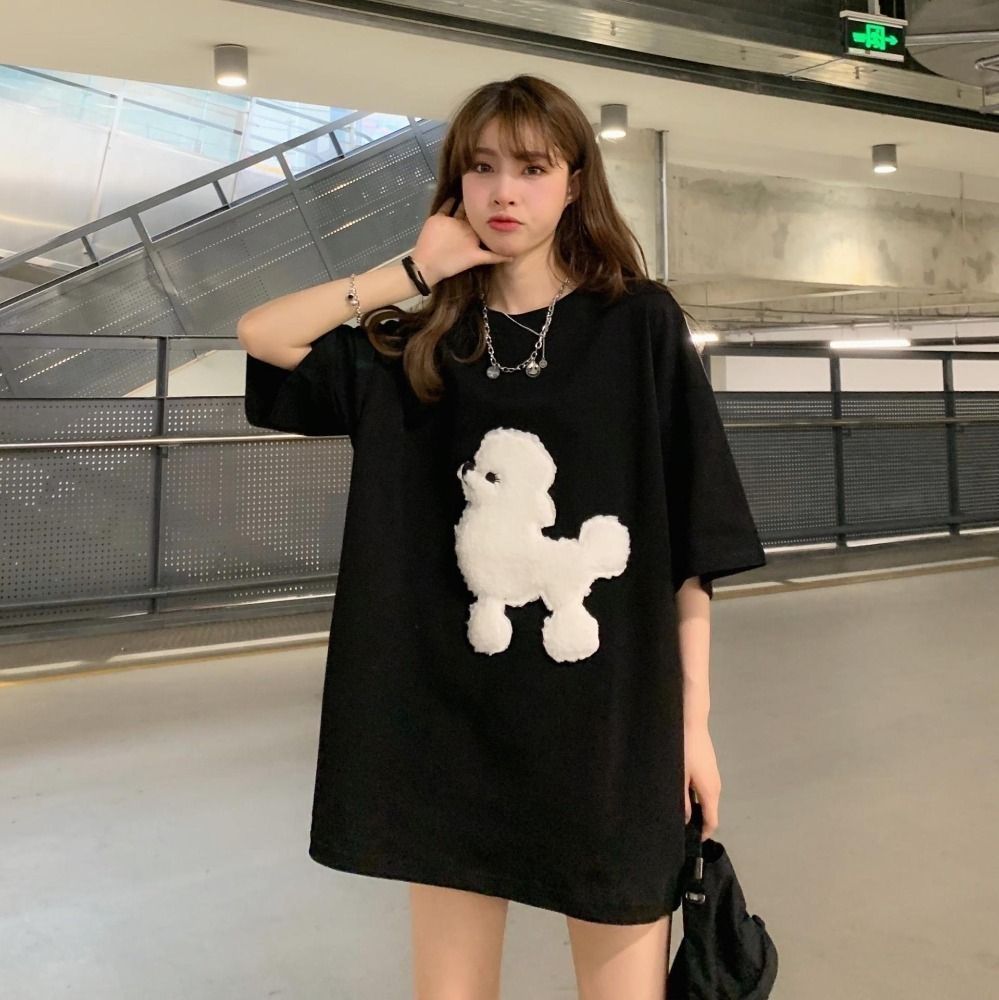 【人気】 Tシャツ プードル シンプル 大きめ 韓国 キュート 黒 XL