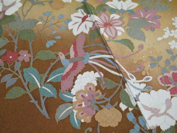 [KIRUKIRU] not yet have on beautiful goods tsukesage kimono length 172cm silk mustard tea . flower. line . phoenix Japanese clothes dressing . clothes 