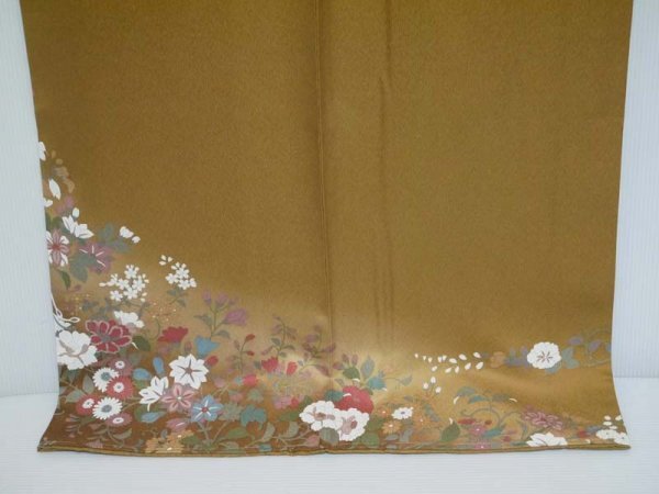 [KIRUKIRU] not yet have on beautiful goods tsukesage kimono length 172cm silk mustard tea . flower. line . phoenix Japanese clothes dressing . clothes 