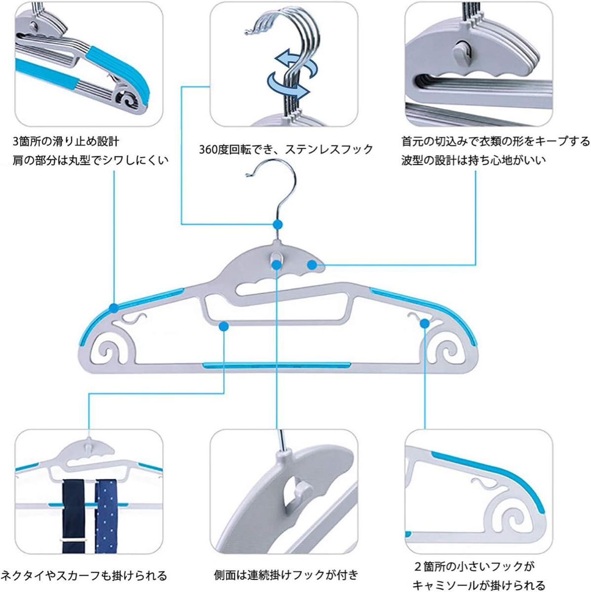ハンガー ネクタイハンガー小物ハンガー 滑らない スリム おしゃれ 収納 洗濯ハンガー 40本セット（グレー30本+ブルー10本）