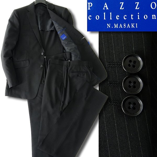 新品 パッゾコレクション 春夏 ストライプ トロピカル 2パンツ スーツ A10(5L) 黒 【J45607】 形状記憶 PAZZO collection セットアップ_画像1