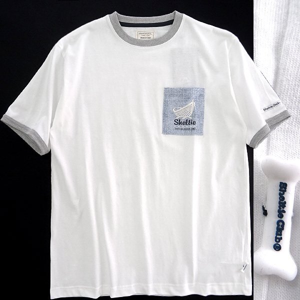 新品 シェルティークラブ 24SS デニム風 ポケット 半袖 Tシャツ LL 白 灰 【SH1442084_7】 Sheltie Club 春夏 メンズ カットソー 丸首_画像1