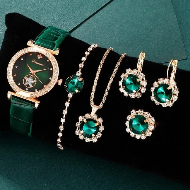 腕時計 アクセサリー セット レディース ファッション ピアス ネックレス 指輪 リング 合成革 緑 グリーン_画像1
