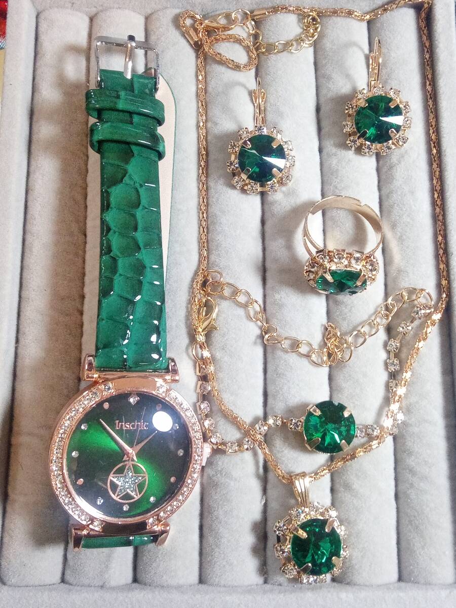 腕時計 アクセサリー セット レディース ファッション ピアス ネックレス 指輪 リング 合成革 緑 グリーン_画像2