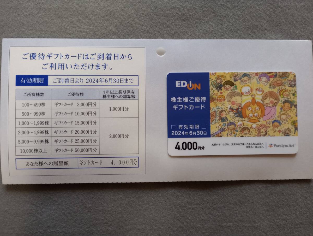 株主優待 株式会社エディオン優待券 4,000円分 2024年6月30日迄_画像3