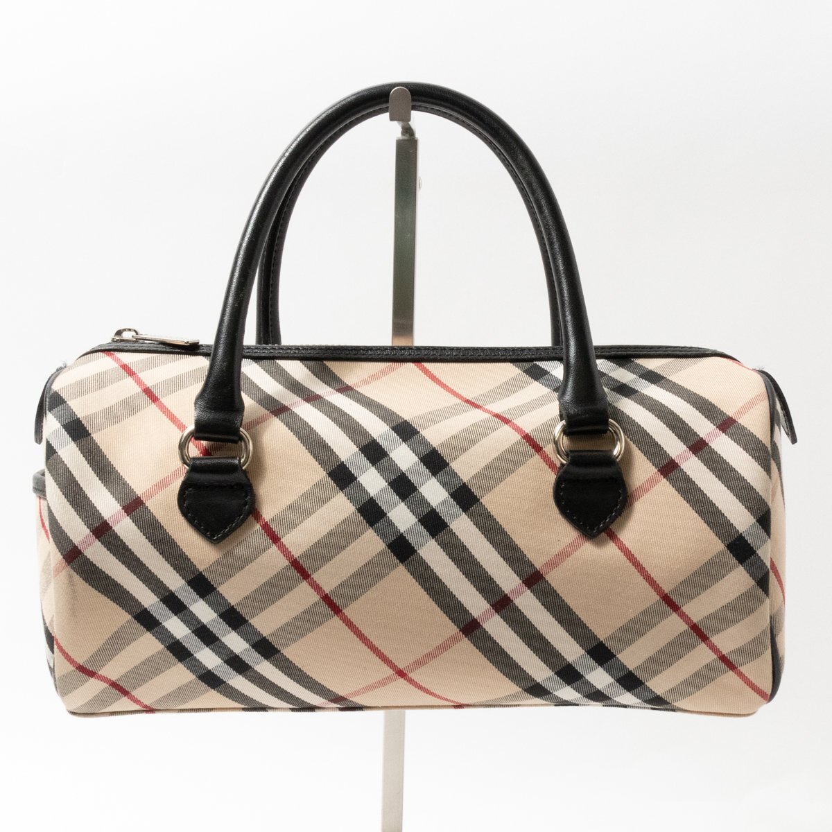 【1円スタート】BURBERRY BLUE LABEL バーバリーブルーレーベル 日本製 ミニボストン ハンドバッグ チェック ベージュ ポリエステル 綿 革の画像2