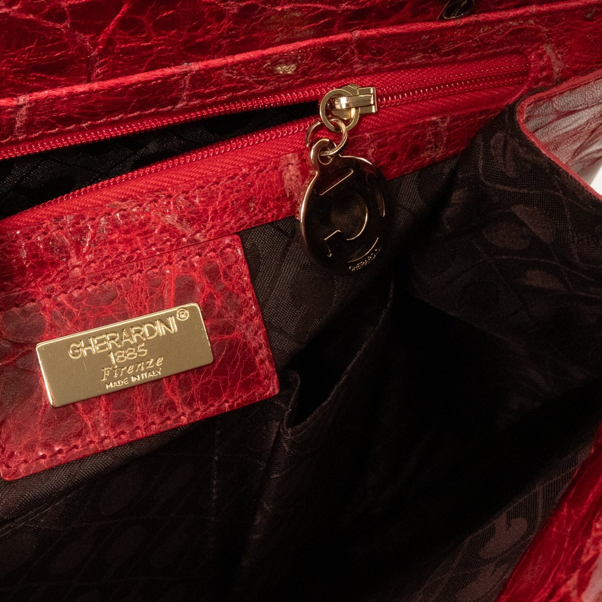 【1円スタート】GHERARDINI ゲラルディーニ イタリア製 クロコダイル ハンドバッグ 婦人鞄 レッド 赤 バネ口金具 レディース レザー 鞄_画像10