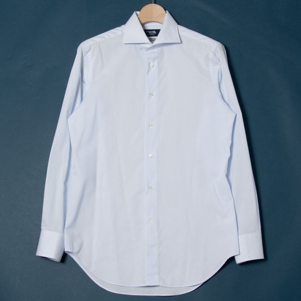 メール便◯ Maker's Shirt鎌倉 サイズ39 長袖 ワイドカラー シャツ ストライプ 白/ホワイト 水色/ライトブルー コットン混 メンズ 紳士_画像1
