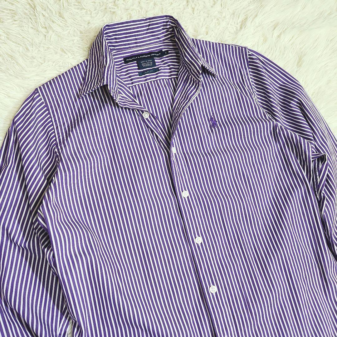 Ralph Lauren ロゴ刺繍・ストライプ長袖シャツ・紫&白 L相当 82519_画像3