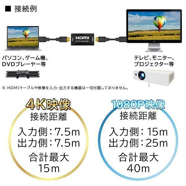 ◆送料無料/規格内◆ HDMI 中継器 フルハイビジョン 4K 高画質映像対応 ケーブル 信号増幅 延長アダプタ 接続距離40m ◇ HDMIリピーター_画像3