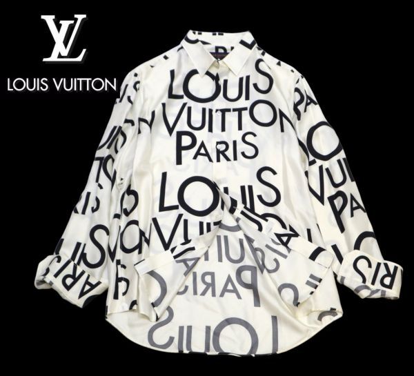 国内正規品 Louis Vuitton SILK100％ オールオーバーロゴ MENS 長袖シャツ ルイヴィトン LV LOGO 総柄 シルクXXL シャツ アイボリー M MO-1の画像1