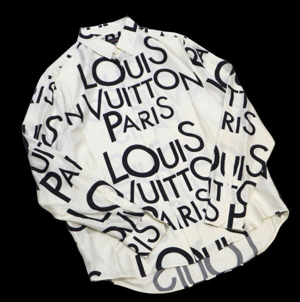 国内正規品 Louis Vuitton SILK100％ オールオーバーロゴ MENS 長袖シャツ ルイヴィトン LV LOGO 総柄 シルクXXL シャツ アイボリー M MO-1の画像4