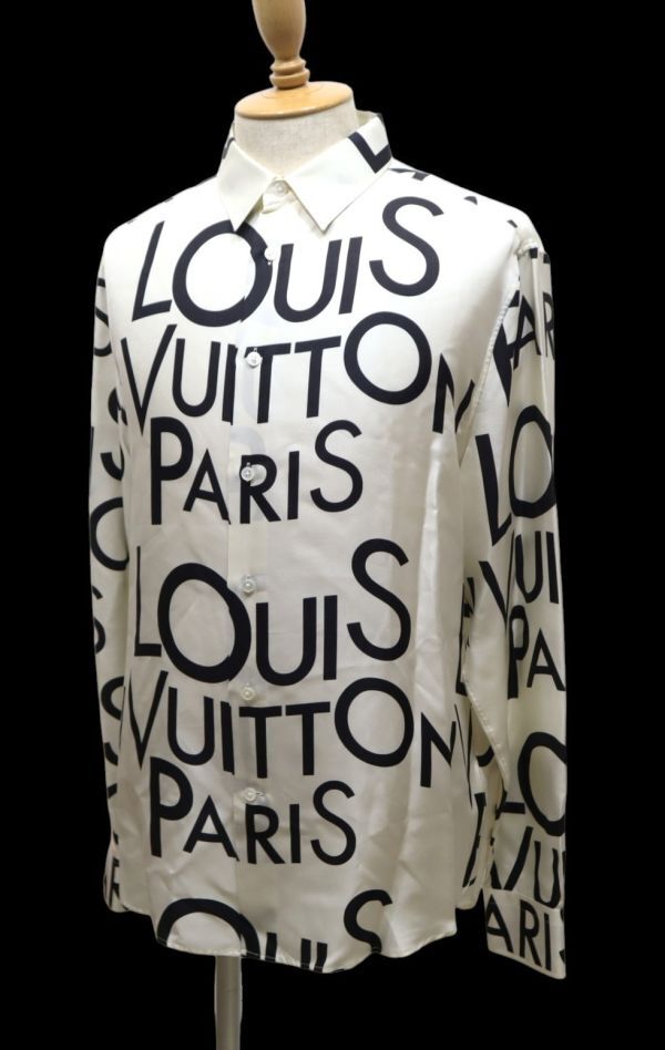 国内正規品 Louis Vuitton SILK100％ オールオーバーロゴ MENS 長袖シャツ ルイヴィトン LV LOGO 総柄 シルクXXL シャツ アイボリー M MO-1の画像6