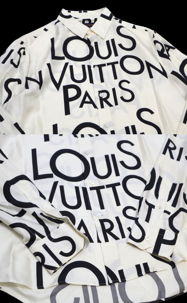 国内正規品 Louis Vuitton SILK100％ オールオーバーロゴ MENS 長袖シャツ ルイヴィトン LV LOGO 総柄 シルクXXL シャツ アイボリー M MO-1の画像5