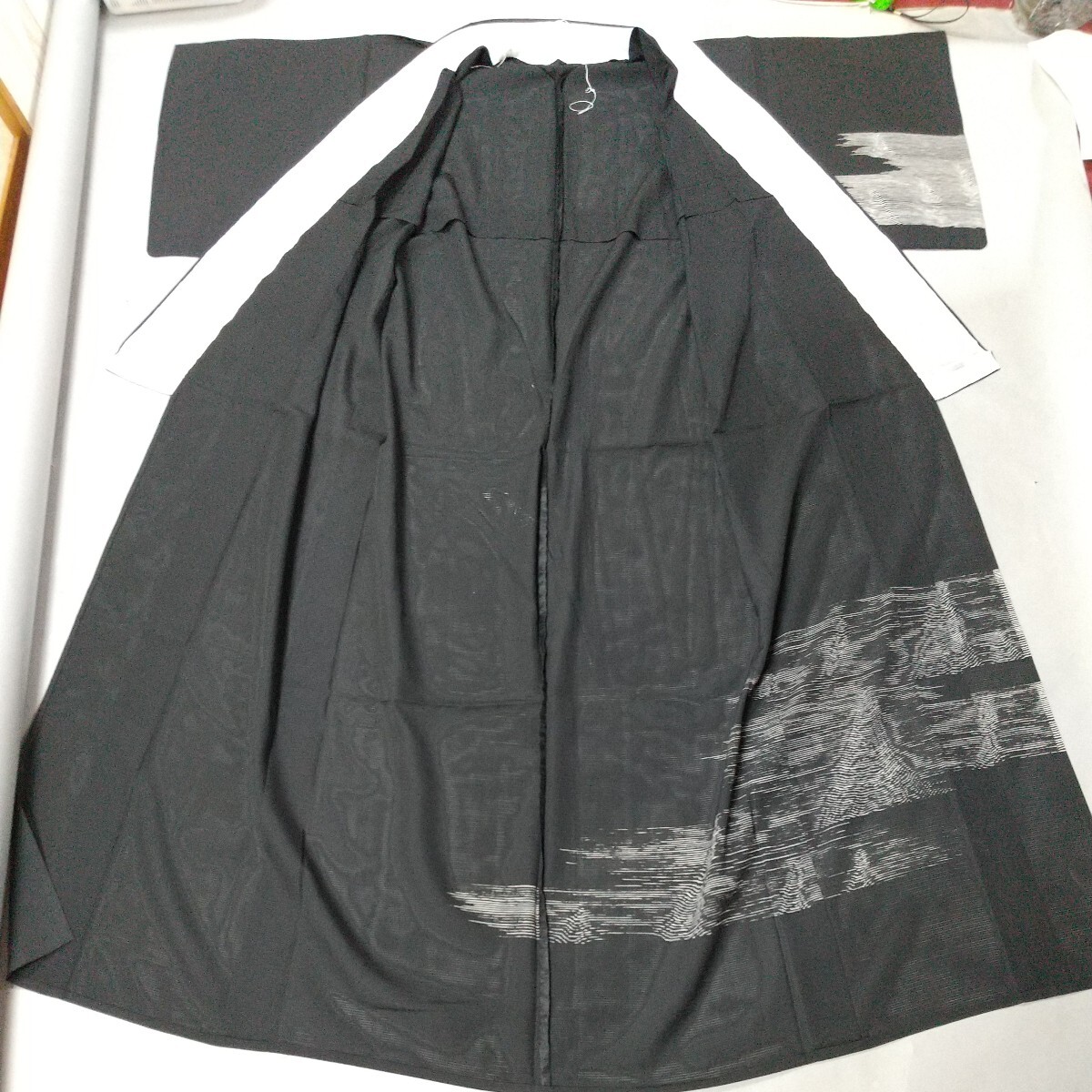 5853* including in a package NG summer thing kimono . light thing tsukesage visit wear single . attaching lowering black × gray length 164.65 sleeve width 32 length of a sleeve 46 front width 24 after width 30cm.. Japanese clothes beautiful goods used silk 