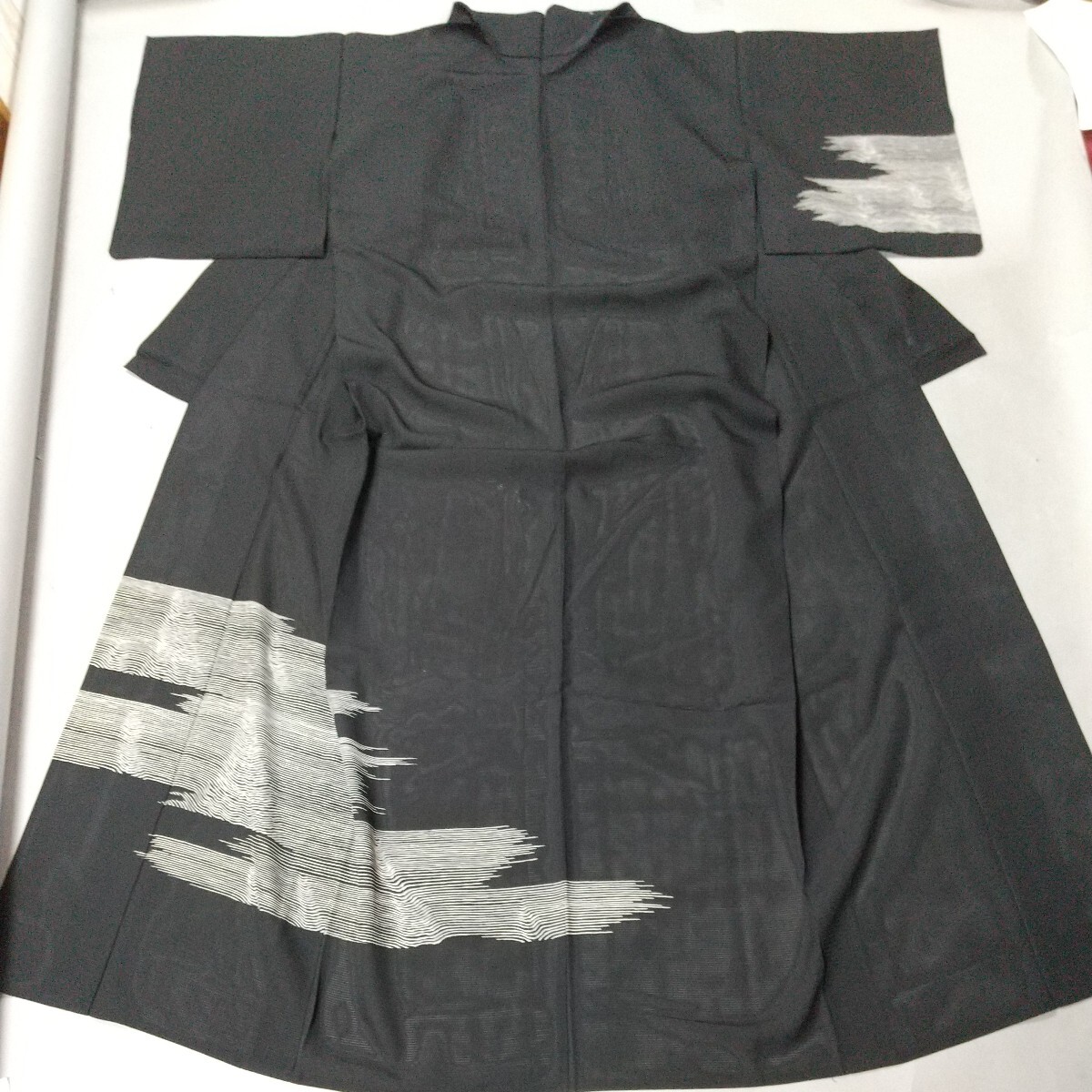 5853* including in a package NG summer thing kimono . light thing tsukesage visit wear single . attaching lowering black × gray length 164.65 sleeve width 32 length of a sleeve 46 front width 24 after width 30cm.. Japanese clothes beautiful goods used silk 