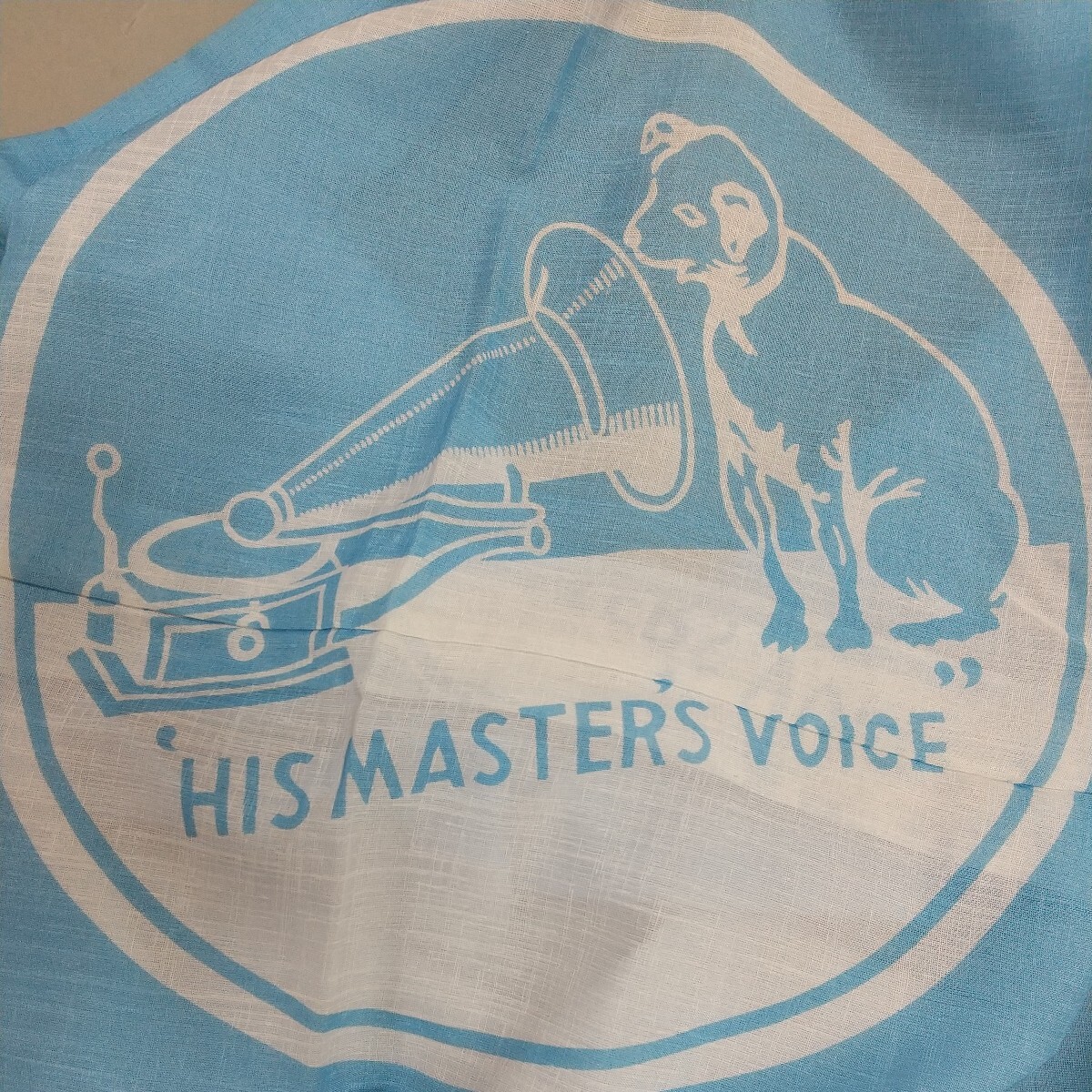 5887●同梱NG レア 紗 単衣 洗える化繊 踊り着物 His Master's Voice ニッパー ビクター 犬 蓄音機 祭 和装 身丈165裄67袖巾34袖丈52cm水色_画像2