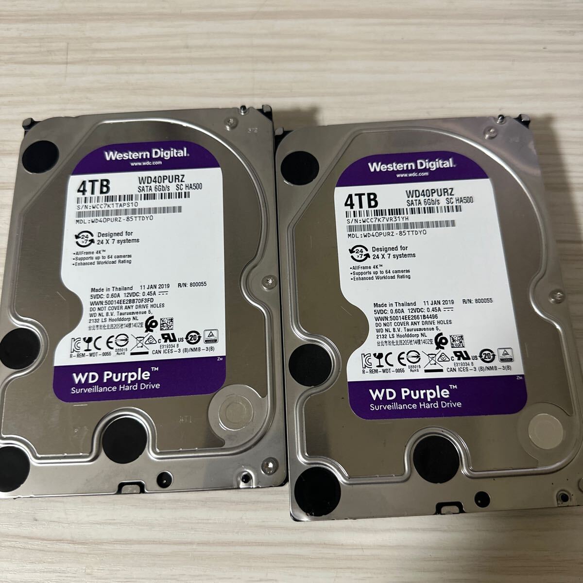 二枚セット:N38/39:【動作保証/使用0時間/AVコマンド対応】Western Digital HDD SATA 4TB purple WD40PURZ-85TTDY0 3.5インチHDD 4000GB_画像1