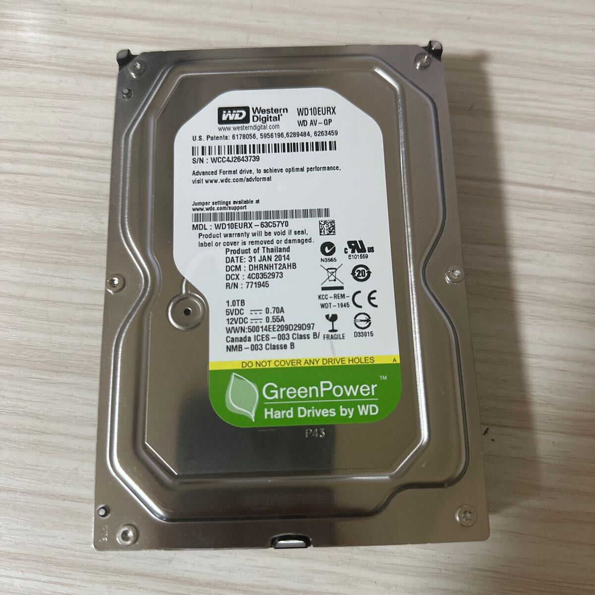 A126:（動作保証/AVコマンド対応/使用0時間）WDC SATA 3.5インチHDD 1000GB 1TB 【WD10EURX】の画像1