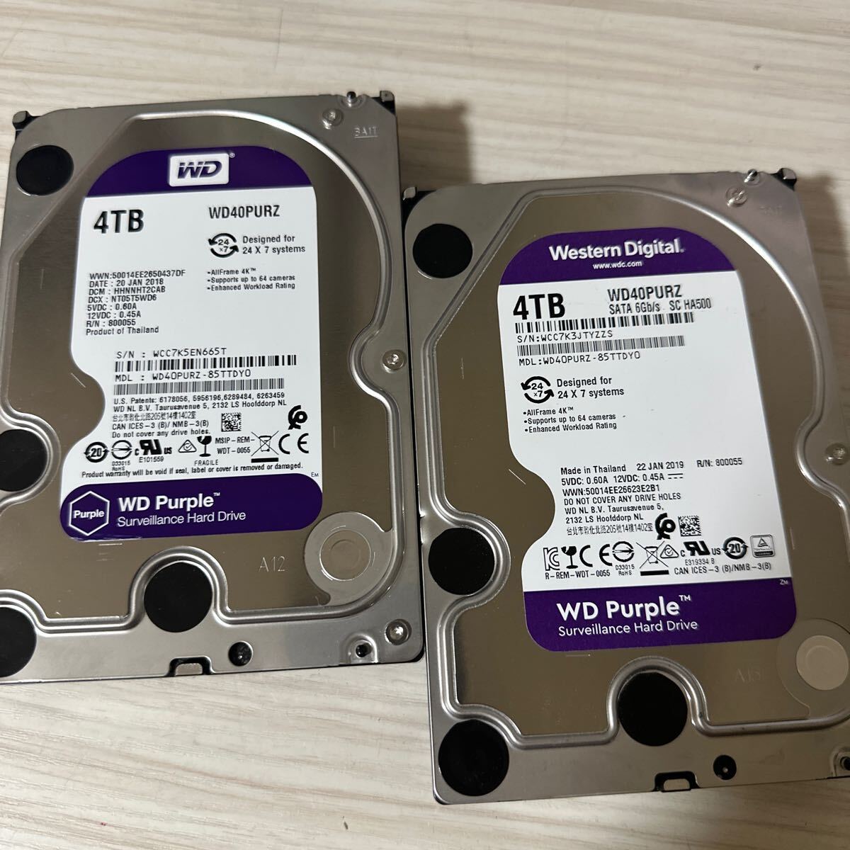 二枚セット:N64/65:【動作保証/使用0時間/AVコマンド対応】Western Digital HDD SATA 4TB purple WD40PURZ-85TTDY0 3.5インチHDD 4000GBの画像1