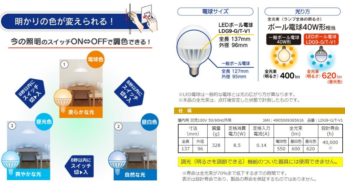 新品■アイリスオーヤマ 参考価格3810円◆LEDボール球 電球 40W E26口金 調色3色切替 LDG9-G/T-V1_画像3