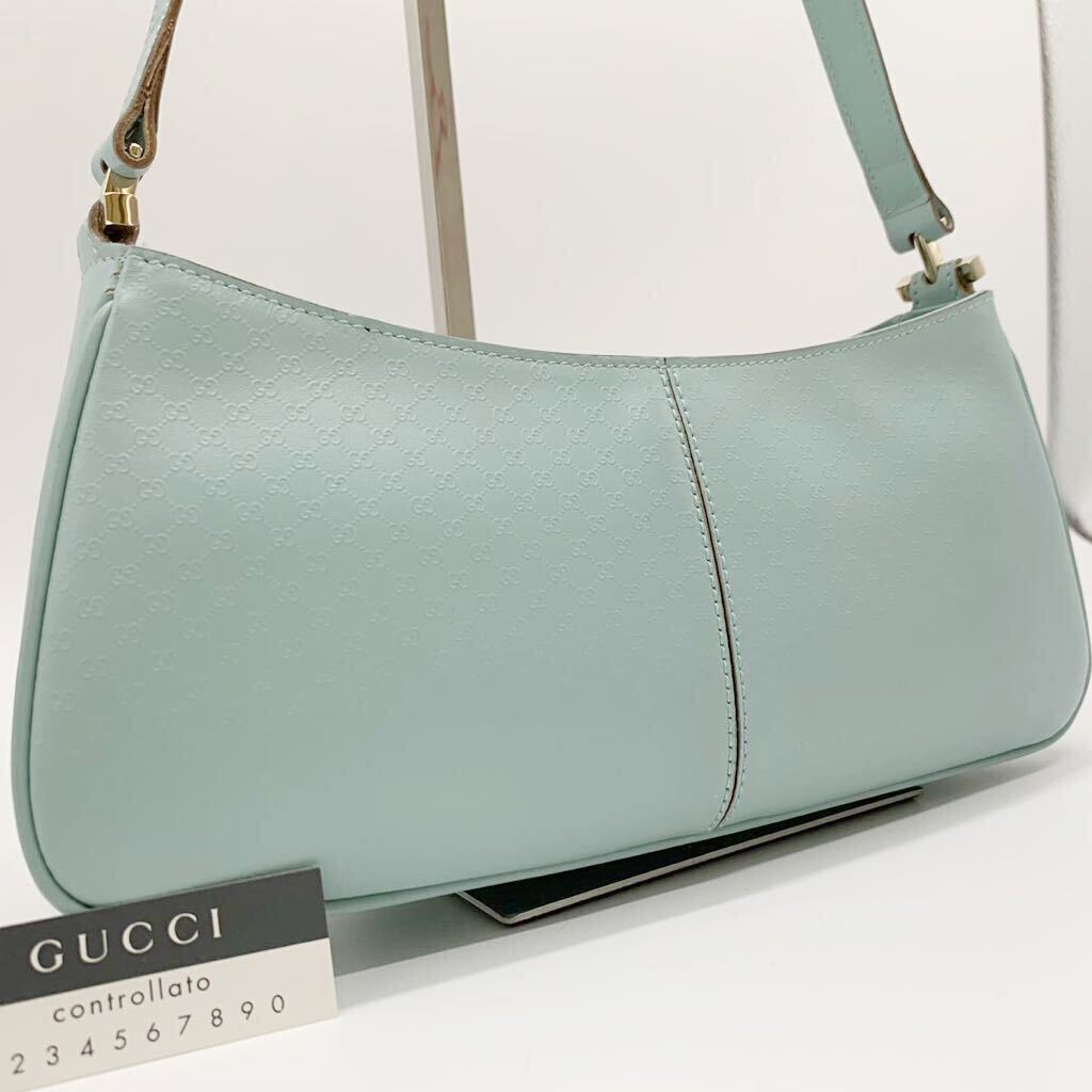 未使用級 グッチ GUCCI ハンドバッグ ショルダーバッグ GG柄 レザー エンボス アクセサリーポーチ マイクロシマ シマ ミント 水色 シマ_画像1