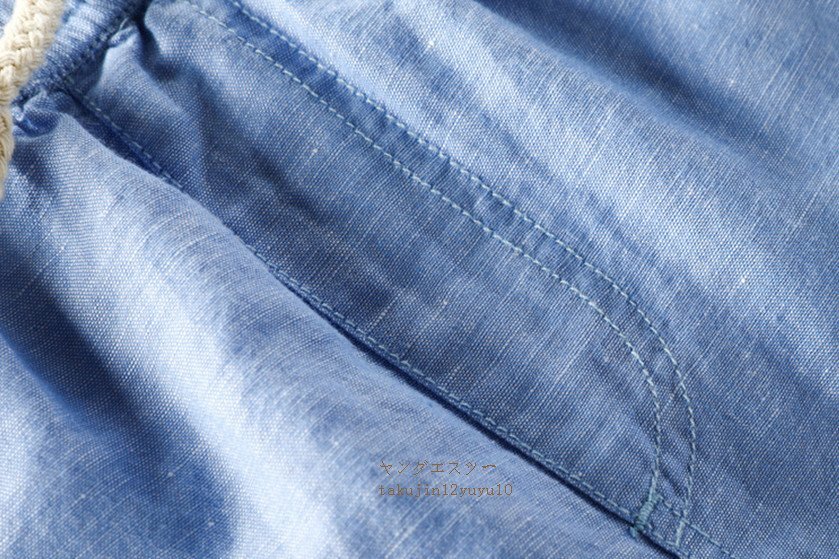 夏新品 リネンパンツ 麻 スラックス 薄手 チノパン メンズ サマーパンツ 紳士イージーパンツ 通気性リブパンツ 無地 ストレート ブルー 3XLの画像4