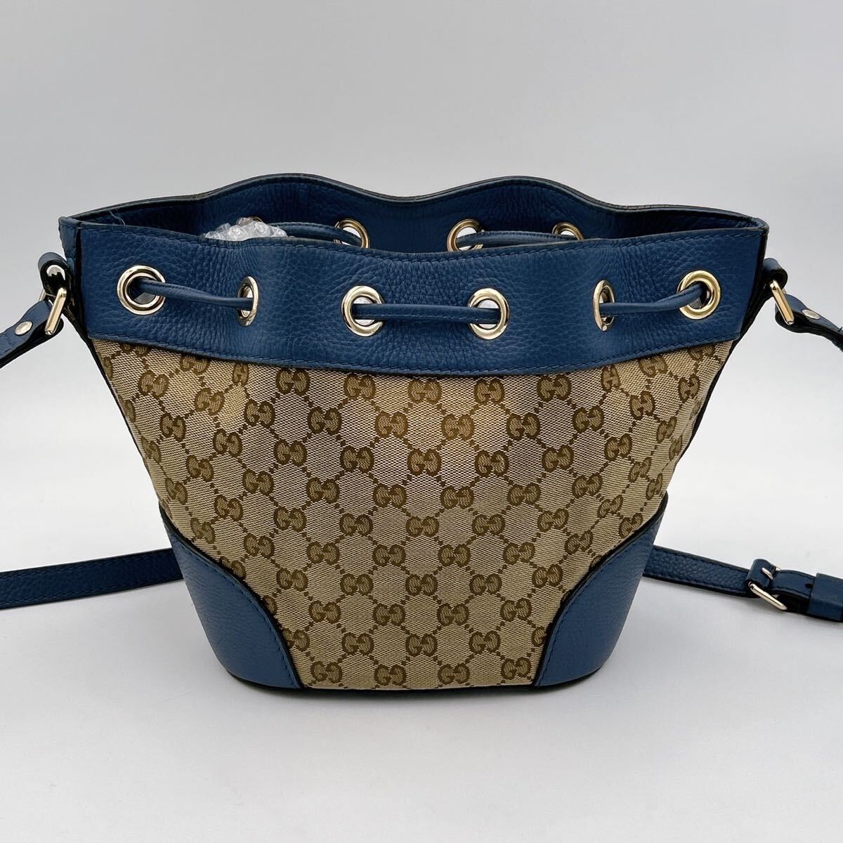 現行品・美品 GUCCI 2way ショルダーバッグ ハンドバッグ GG キャンバス ブルー 巾着バック_画像2